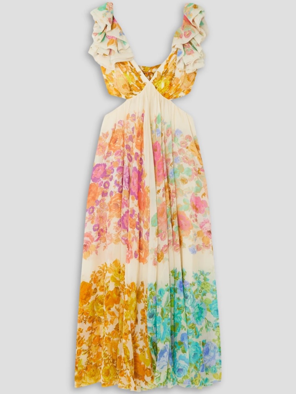 Zimmermann Cream Floral Ruffle Midi Dress with Multicolor Blooms - Picture 6 of 6